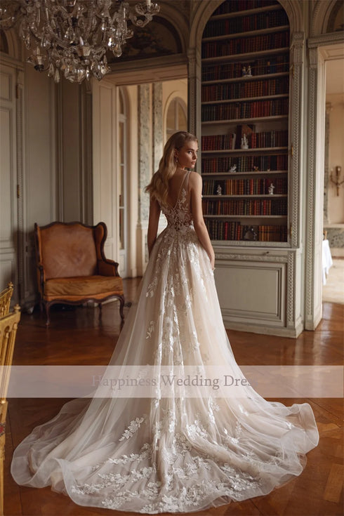 Customized A-Line Deep V-Neck Sleeveless Lace Appliques Tulle Wedding Dress Backless Button Bridal Gown