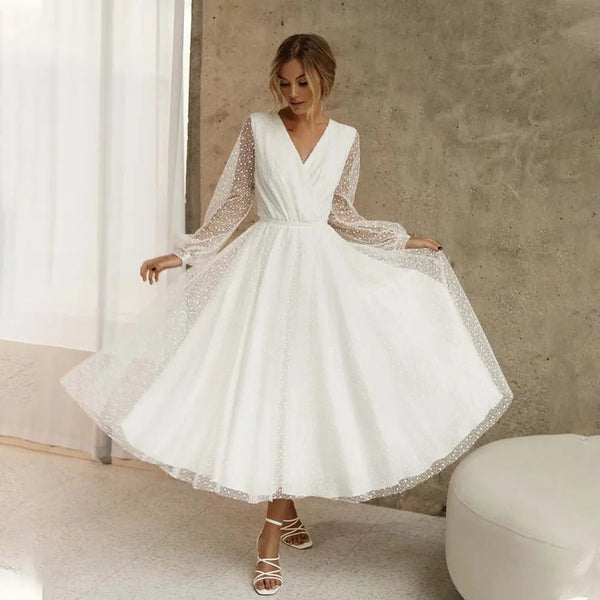 Vintage Long Sleeve Tea Length Polka Dot Wedding Dress for Formal Party