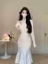 Korean Chic French Knitted Dress Women Long Sleeve Fishtail Bodycon