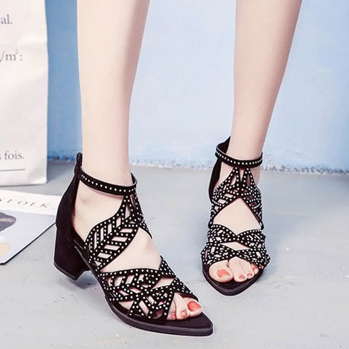 Rhinestone Faux Leather Hollow Out Thick Heel Sandals