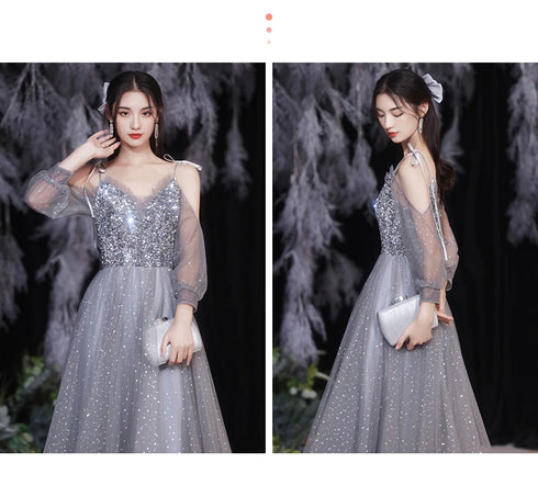 Off Shoulder Lace Illusion A Line Dress Floor Length Glitter Tulle Bow Bridesmaid Dress
