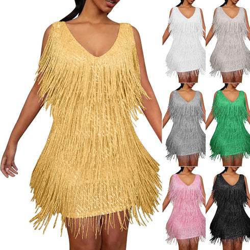 Plus Size Sexy V-Neck Tassel Mini Dress for Women Elegant Sleeveless Evening Party Dress