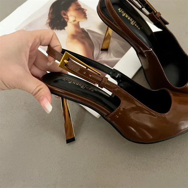Brown High Heels Women Pointed Toe Slingback Shoes Pumps
