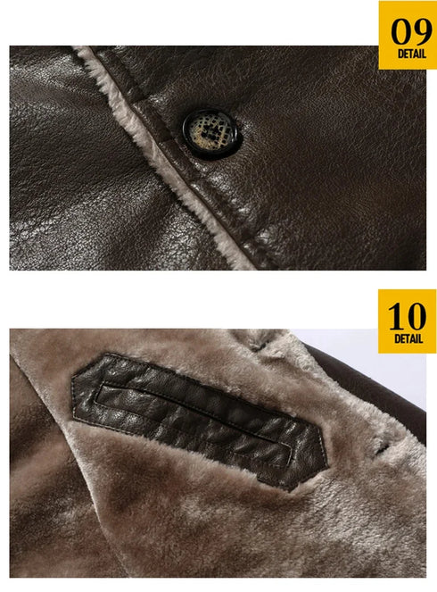 Winter Fashion Business Casual Men's Windbreaker Leather Jacket with Plush Fleece and Stylish Button Design for Warmth and Comfort