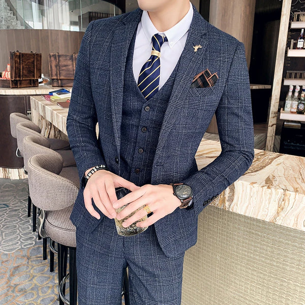 Stylish British Korean Modified Plaid Men's Suit Set