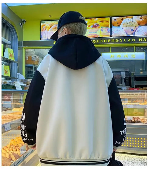 Men's Casual Hooded Jacket M-6XL - Spring and Autumn Korean Fashion Loose Fit Coat with Baseball Jersey Style and Letter Pattern