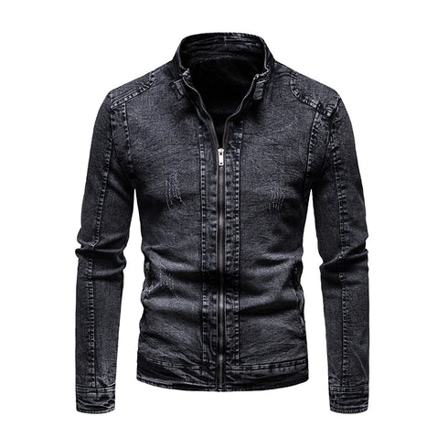 Men's Retro Slim Fit Jean Jacket with Stand Collar for Autumn and Winter - Stylish Casual Motorcycle Outerwear
