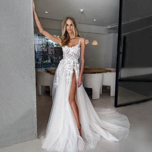 Customized V-Neck A-Line Wedding Dresses With Side Split Lace Appliques Beach Bride Gown