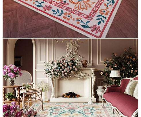 Floral Style Living Room Carpet Machine Washable Large Area Decorative Rug