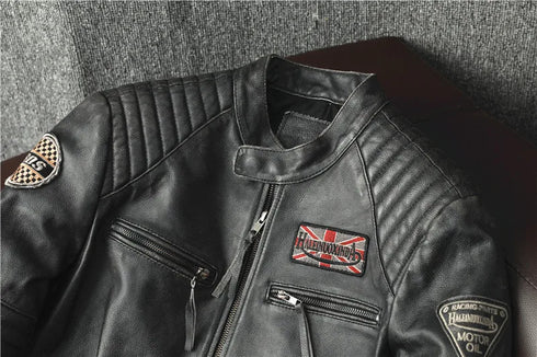 Vintage Genuine Leather Biker Jacket for Men – Slim Fit Cowhide Motorcycle Outerwear with Pockets and Embroidery Details for All Seasons