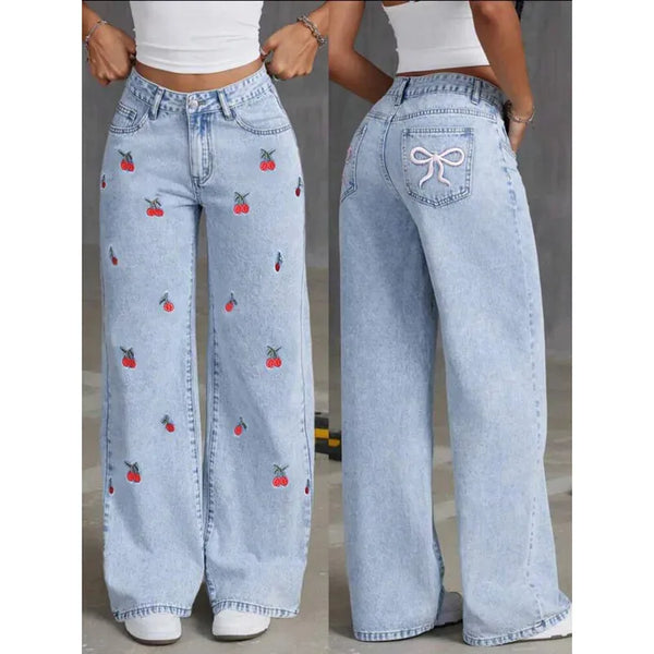 High Waist Jeans Embroidered Distressed Wide Leg Denim Women Jeans