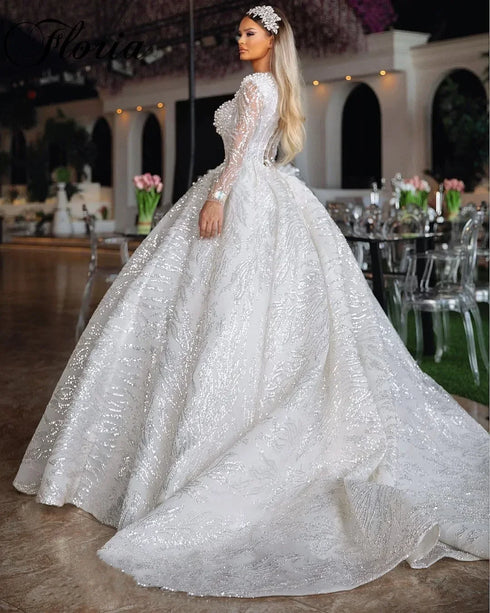 Customized Dubai Wedding Dress More Pearls Sequins Bridal Ball Gowns V Neck Long Sleeves