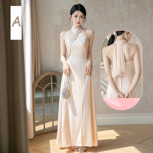 Backless Satin Sleeveless Ankle-Length Evening Dress for Bridesmaid Dress with Built-In Bra and Bow