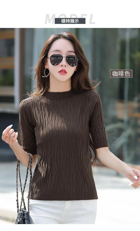 Half Turtleneck Ice Silk T-shirt Women's Sweater Mid-sleeved Temperament Versatile Top Fashionable Inner Wear Summer New Style