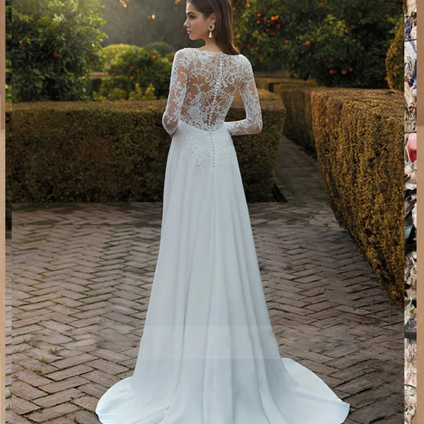 Chic A-Line Bridal Gown with Lace Long Sleeves and V-Neck Design