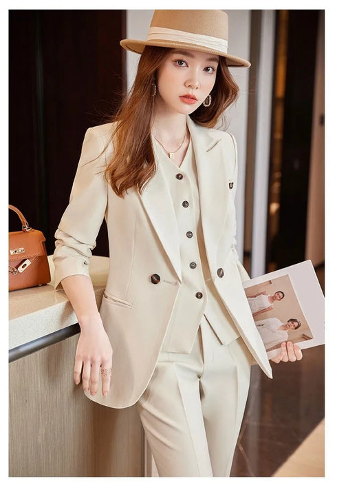 Chic Korean Fashion Women's 3-Piece Blazer Suit Set with Long Sleeve Vintage Jacket and Vest + Slim Straight Pencil Pants for Elegant Business Outfits