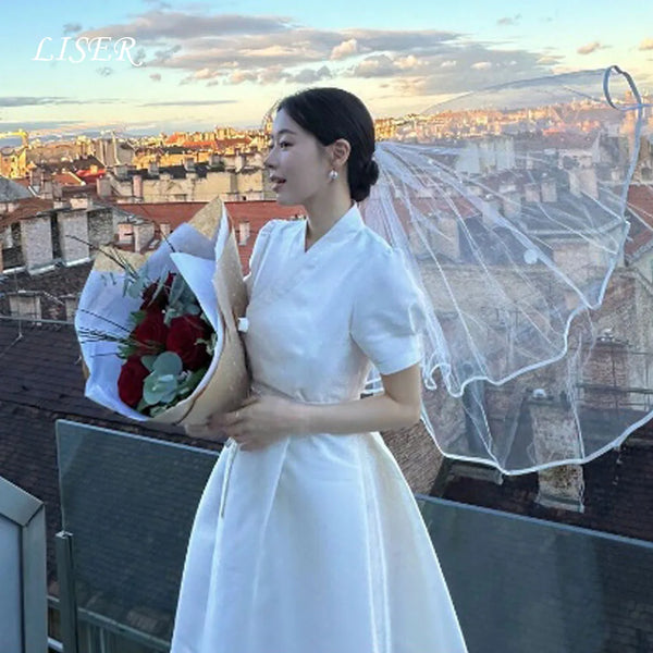 A-Line Elegant Wedding Dress With Lace-Up Back Short Sleeves Silk Satin Modern Gown