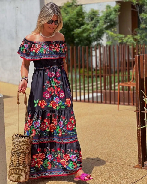 Elegant One-shoulder Short-sleeved Dress For Women Fashion Splicing Floral Print Dresses