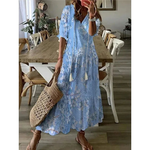 Floral Print Casual Dress for Women V Neck Half Sleeves Bohemian Holiday Beach Style