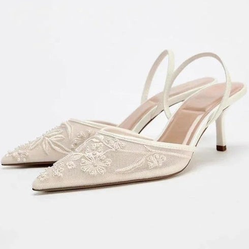 Mesh Embroidered Floral Slingback Heels Sandals For Women