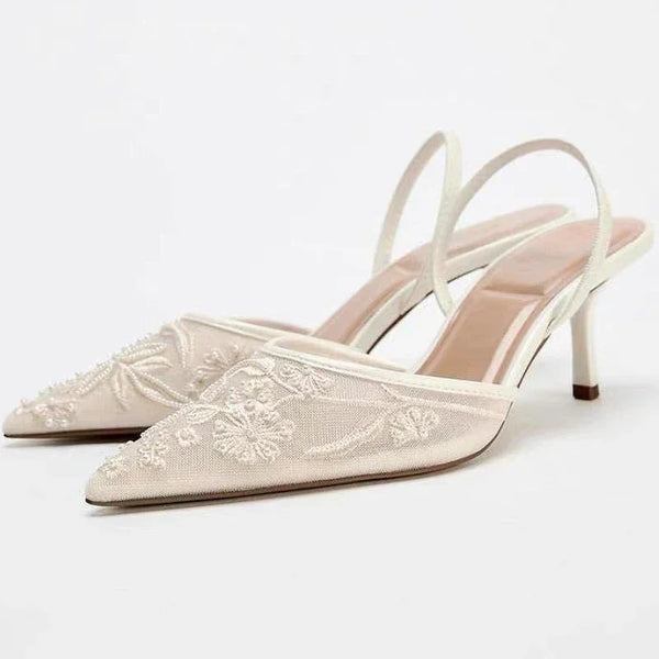 Mesh Embroidered Floral Slingback Heels Sandals For Women