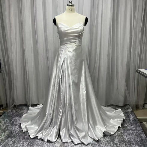 Customized Plus Size A Line Satin Strapless Wedding Dress Gowns