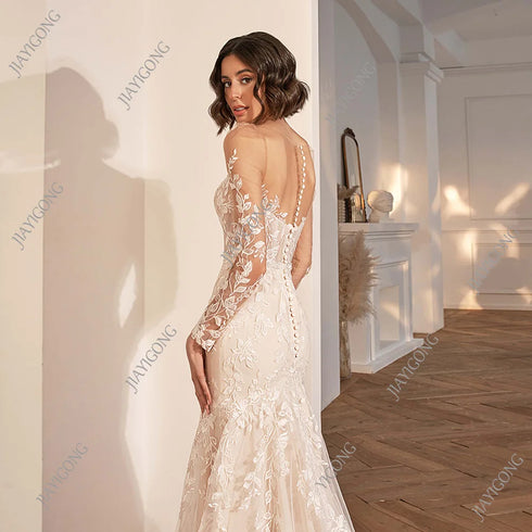 Wedding Dress Bridal Gown Mermaid Lace Illusion Long Sleeves Back Zipper Button Detail