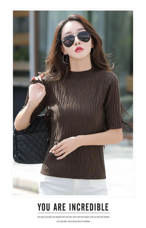 Half Turtleneck Ice Silk T-shirt Women's Sweater Mid-sleeved Temperament Versatile Top Fashionable Inner Wear Summer New Style