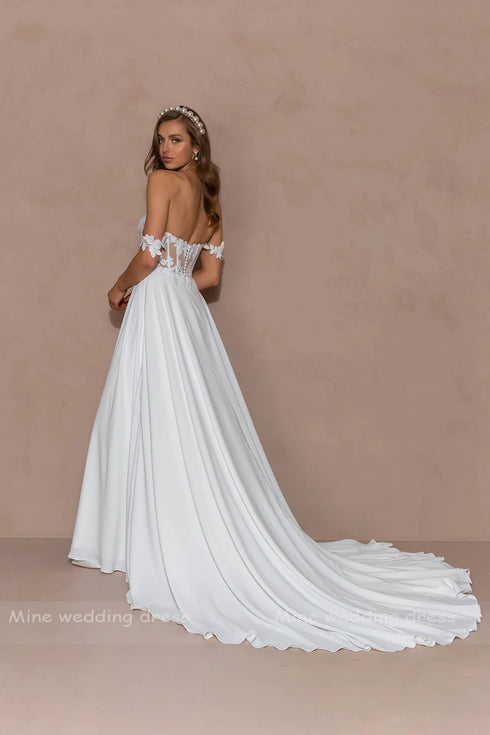 Customized Off Shoulder A-line Lace Illusion Bride Gown Wedding Dresses for Women