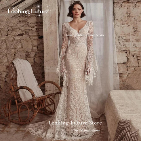 Boho Mermaid Wedding Dress Long Sleeve Lace Illusion V Neck Backless Bridal Gown