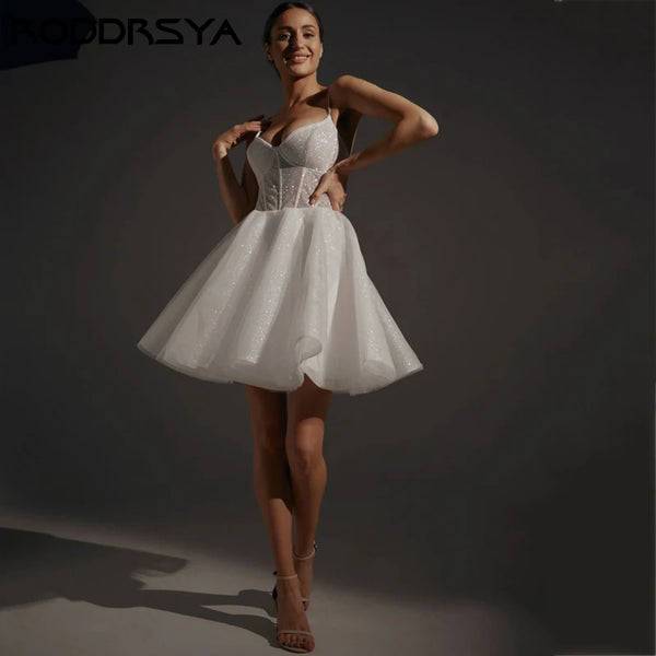 Glittering Tulle Princess Dress V Neck Spaghetti Straps Mini Gown Wedding Dress