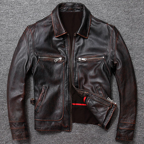 Timeless Vintage Men's Genuine Leather Jacket - Classic Cowhide Coat for All Seasons with Casual Style and Zipper Details