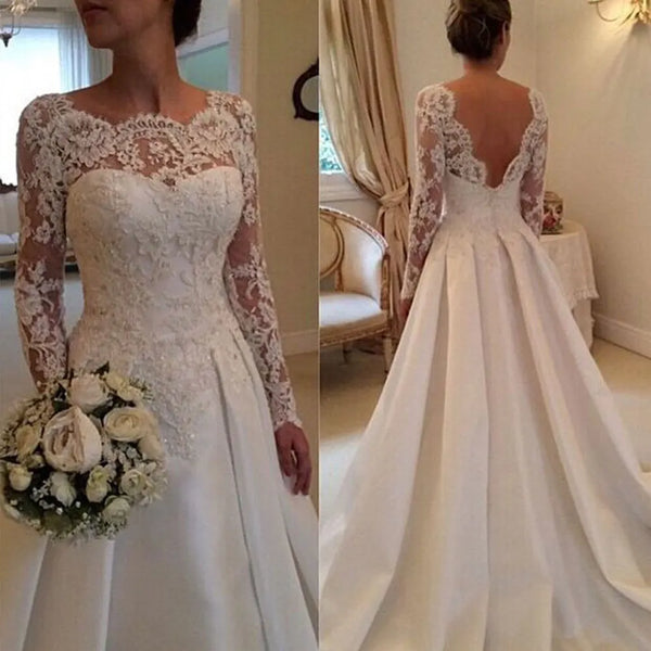 Backless Wedding Dress With Satin Lace Long Sleeves And Appliques Elegant Bridal Gown