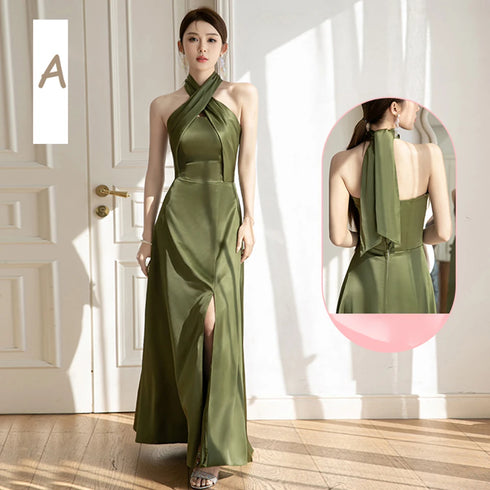 Backless Satin Sleeveless Ankle-Length Evening Dress for Bridesmaid Dress with Built-In Bra and Bow