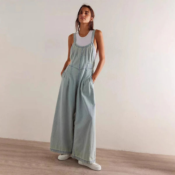 Denim Overalls Women Jeans Vintage Wide Leg High Waist Pleated