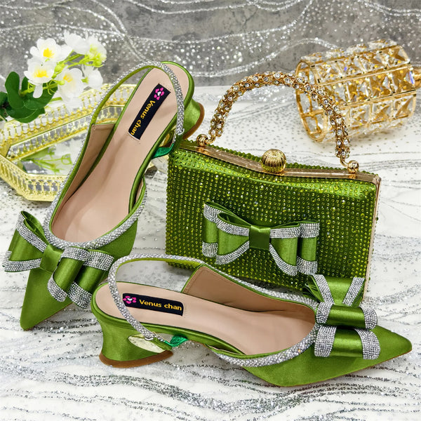 Olive Green Pointed Toe Slingback Heels & Matching Bag Set for Parties and Weddings