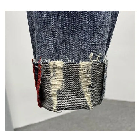 Korean Style Slim Men's Jeans with Cat Whisker Holes and Colorful Paint Splatters - Stylish Medium Wash Jeans for Casual Outfits