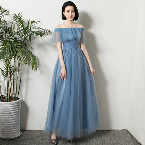 Bridesmaid Dress Elegant Ankle Length Tulle Ball Gown With Pleat Sash Built In Bra Prom Bridal Gown