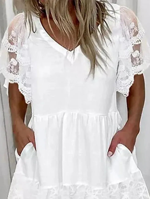 Lace Patchwork A-Line Dress for Women Casual V-Neck Short Sleeved Beach Fashion