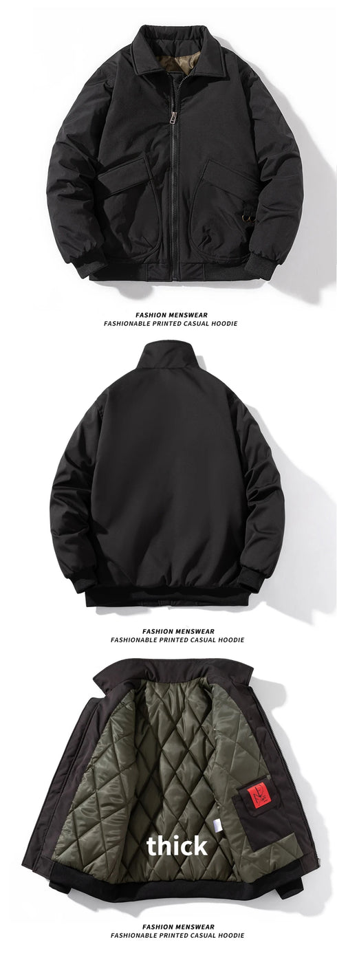 Men's Solid Bomber Jacket - Vintage Retro Military Style Motorcycle Parka - Thick Windbreaker with Pockets for Autumn and Winter Casual Wear