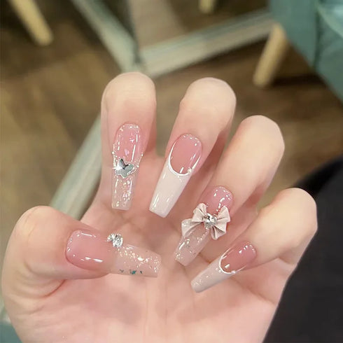 24Pcs Long Acrylic Ballet Fake Nails with Rhinestone Chain Design - Full Cover Press-On Nail Tips for Stylish Nail Art Enthusiasts