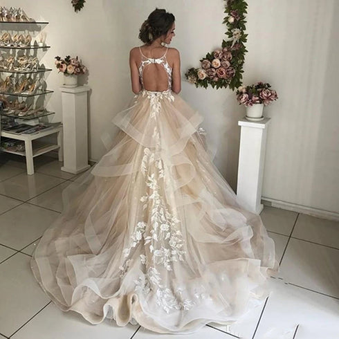 Champagne Floral Lace Beach Wedding Dresses Backless Ruffles Gowns for Bride