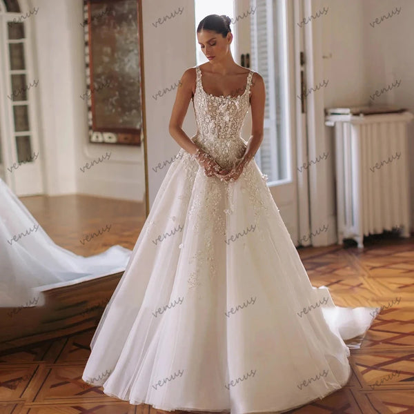 Backless Lace Appliques Vintage Wedding Dress Square Collar A Line Gown For Custom Fit