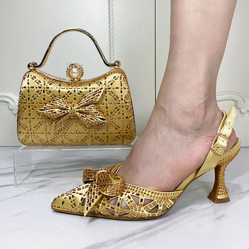 Italian Design Luxury Women's Shoes Bag Set with Diamonds