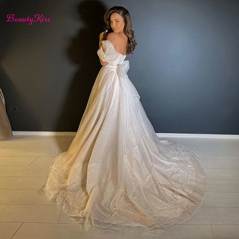 Two Pieces Short Sleeves Princess Wedding Dress Detachable Train Bridal Evening Party Gowns