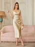 Elegant Satin Cowl Neck Sleeveless Midi Dress With Side Slit Spaghetti Straps Bridesmaids Dress