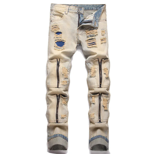 Men's Punk Jeans Ripped Fabric Pencil Pants Multi-Pocket Zipper Mid-Waist Casual Wear