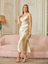 Elegant Satin Cowl Neck Sleeveless Midi Dress With Side Slit Spaghetti Straps Bridesmaids Dress