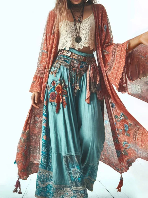 Women's Long Sleeve Bohemian Print Cardigan Mid-Length Fashion Jacket for Summer