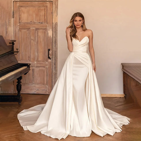 Customized Luxury Sweetheart Mermaid Satin Wedding Dress with Detachable Skirt and Backless Lace Up Design